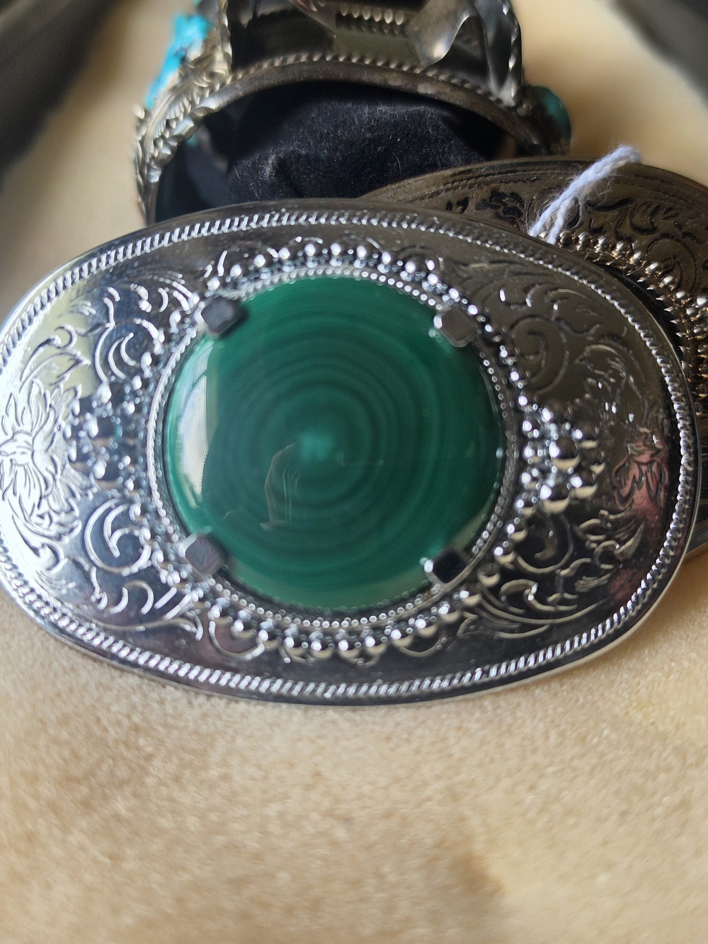 Silver Belt Buckle with Green Malachite Center